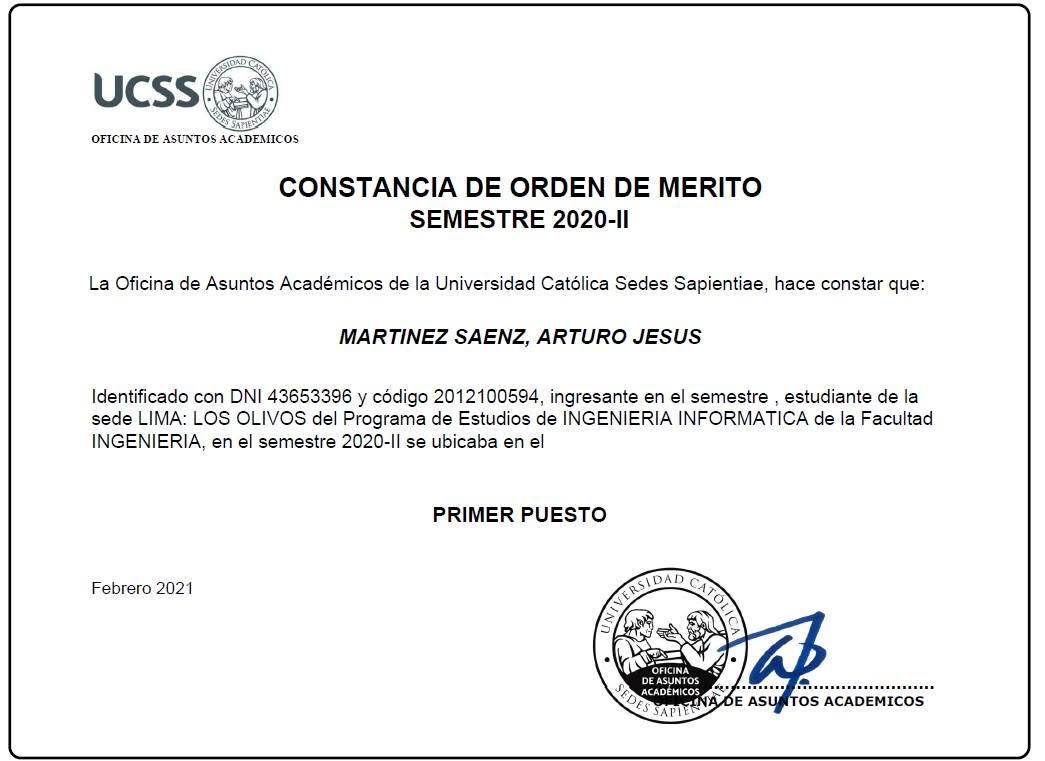 Diploma de la UCSS que acredita el primer puesto en el orden de mérito de Ingeniería Informática